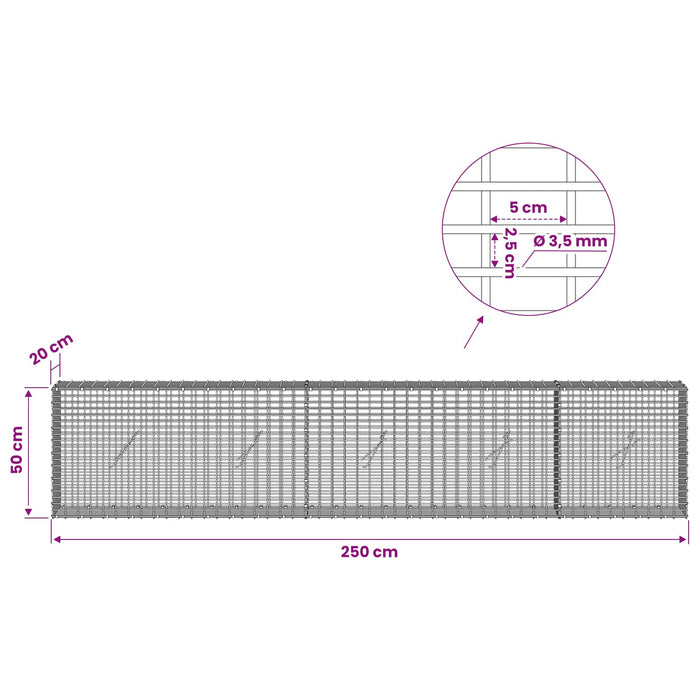 Gabion cu fir de 3,5 mm și plasă de 5x2,5 cm 250x20x50 cm WALTI