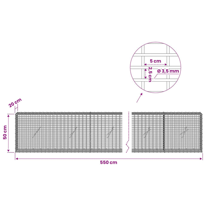 Gabion cu fir de 3,5 mm și plasă de 5x2,5 cm 550x20x50 cm WALTI