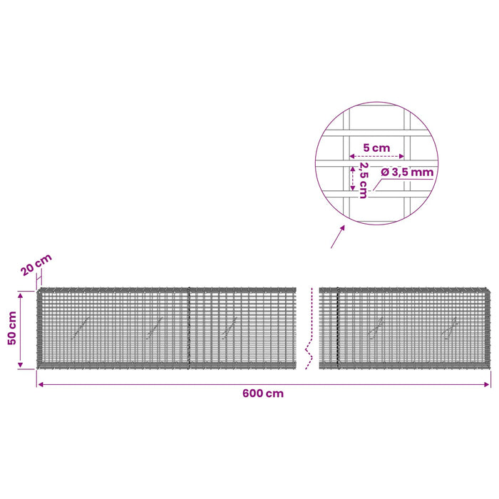 Gabion cu fir de 3,5 mm și plasă de 5x2,5 cm 600x20x50 cm WALTI