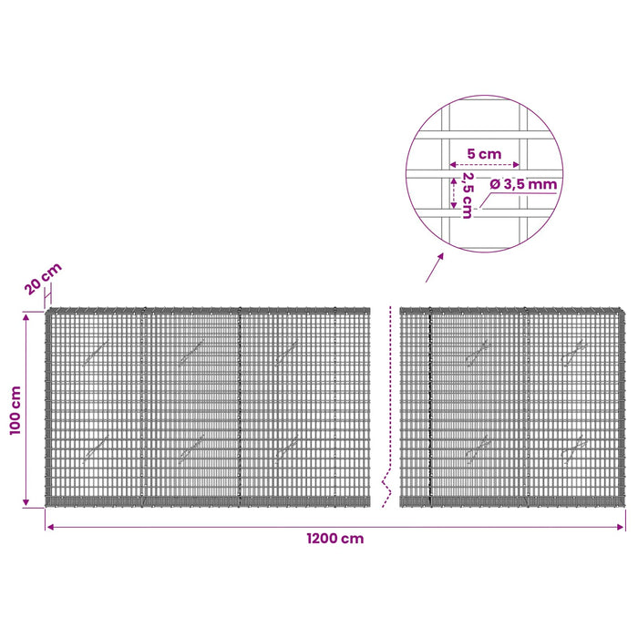 Gabion cu fir de 3,5 mm și plasă de 5x2,5 cm 1200x20x100 cm - WALTI WALTI
