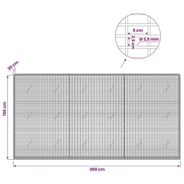 Gabion cu fir de 3,5 mm și plasă de 5x2,5 cm 300x20x150 cm WALTI