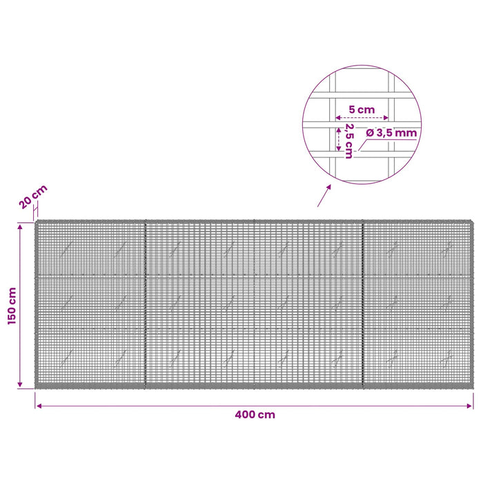 Gabion cu fir de 3,5 mm și plasă de 5x2,5 cm 400x20x150 cm WALTI