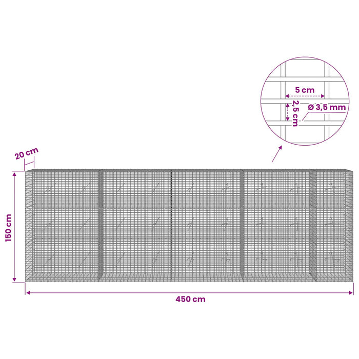 Gabion cu fir de 3,5 mm și plasă de 5x2,5 cm 450x20x150 cm WALTI