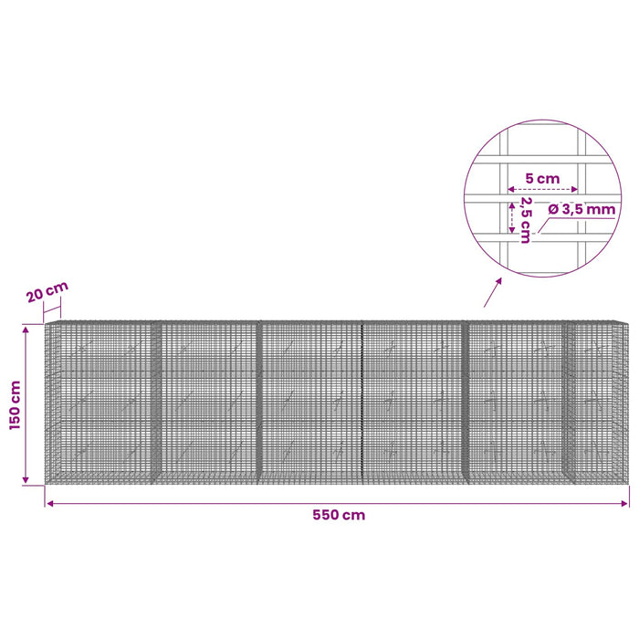 Gabion cu fir de 3,5 mm și plasă de 5x2,5 cm 550x20x150 cm WALTI
