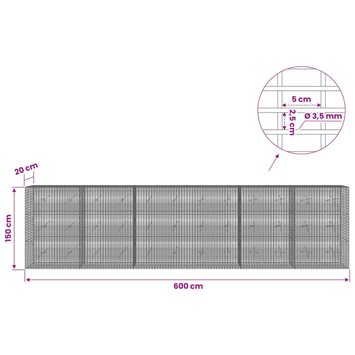 Gabion cu fir de 3,5 mm și plasă de 5x2,5 cm 600x20x150 cm WALTI