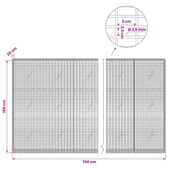 Gabion cu fir de 3,5 mm și plasă de 5x2,5 cm 750x20x150 cm WALTI
