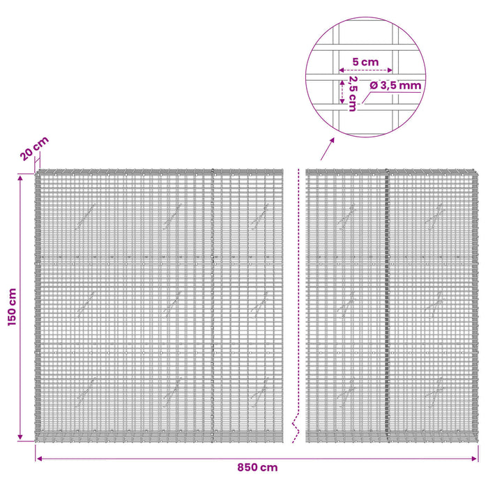 Gabion cu fir de 3,5 mm și plasă de 5x2,5 cm 850x20x150 cm WALTI