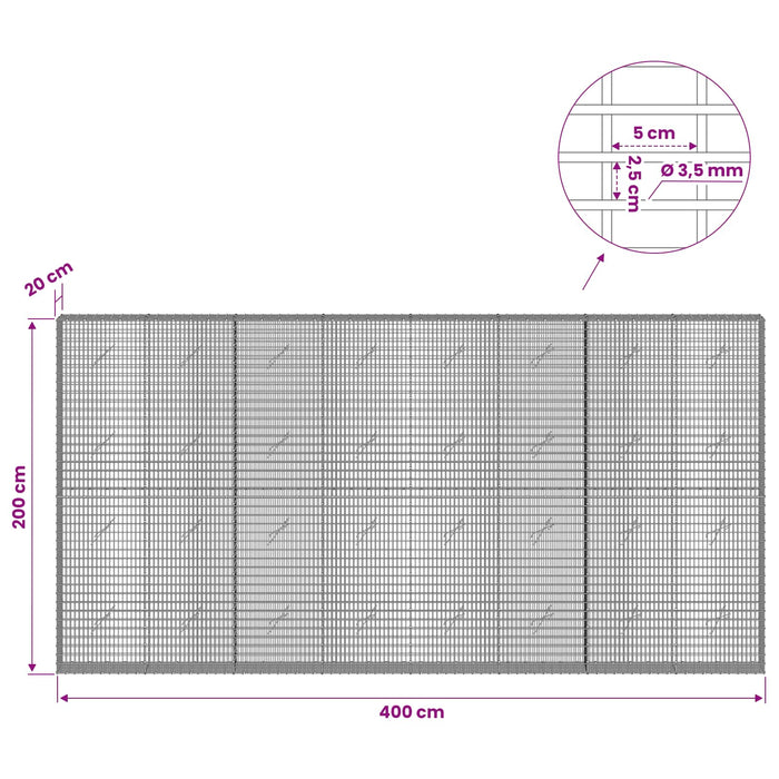 Gabion cu fir de 3,5 mm și plasă de 5x2,5 cm 400x20x200 cm WALTI