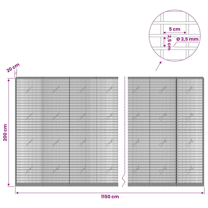 Gabion cu fir de 3,5 mm și plasă de 5x2,5 cm 1150x20x200 cm WALTI