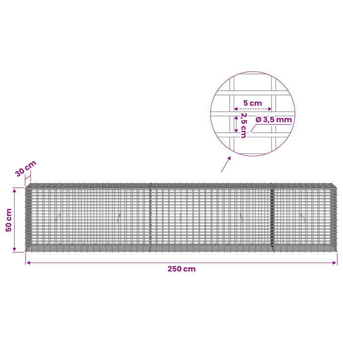 Gabion cu fir de 3,5 mm și plasă de 5x2,5 cm 250x30x50 cm WALTI