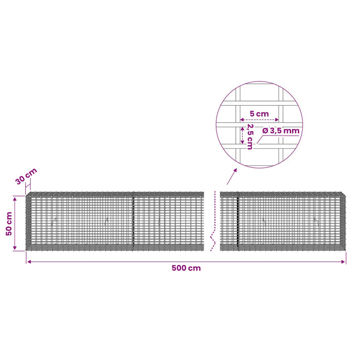Gabion cu fir de 3,5 mm și plasă de 5x2,5 cm 500x30x50 cm WALTI