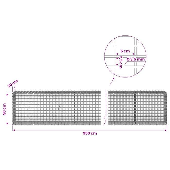 Gabion cu fir de 3,5 mm și plasă de 5x2,5 cm 950x30x50 cm WALTI