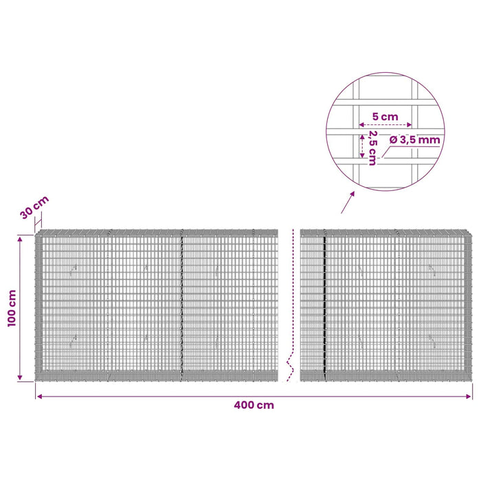 Gabion cu fir de 3,5 mm și plasă de 5x2,5 cm 400x30x100 cm WALTI
