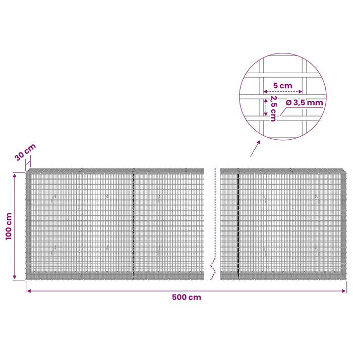 Gabion cu fir de 3,5 mm și plasă de 5x2,5 cm 500x30x100 cm WALTI