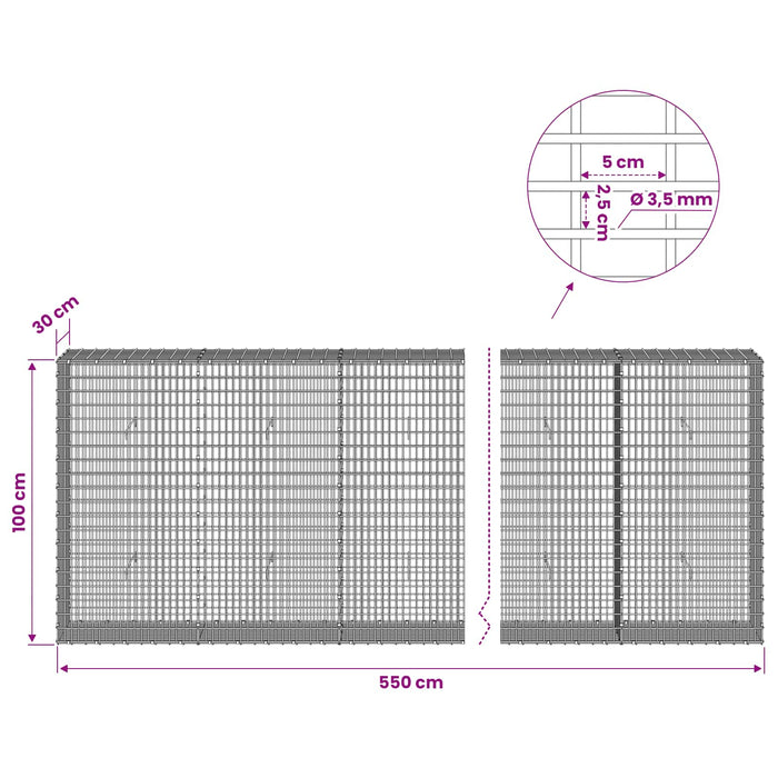 Gabion cu fir de 3,5 mm și plasă de 5x2,5 cm 550x30x100 cm WALTI
