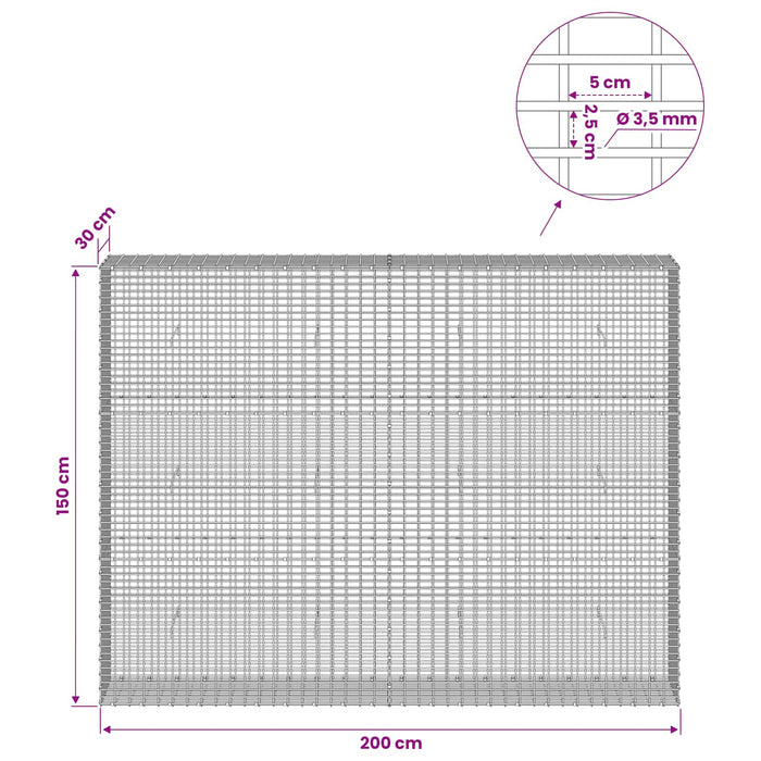 Gabion cu fir de 3,5 mm și plasă de 5x2,5 cm 200x30x150 cm - WALTI WALTI