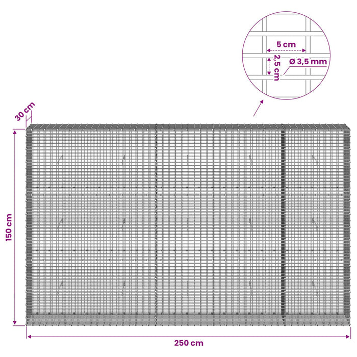 Gabion cu fir de 3,5 mm și plasă de 5x2,5 cm 250x30x150 cm WALTI