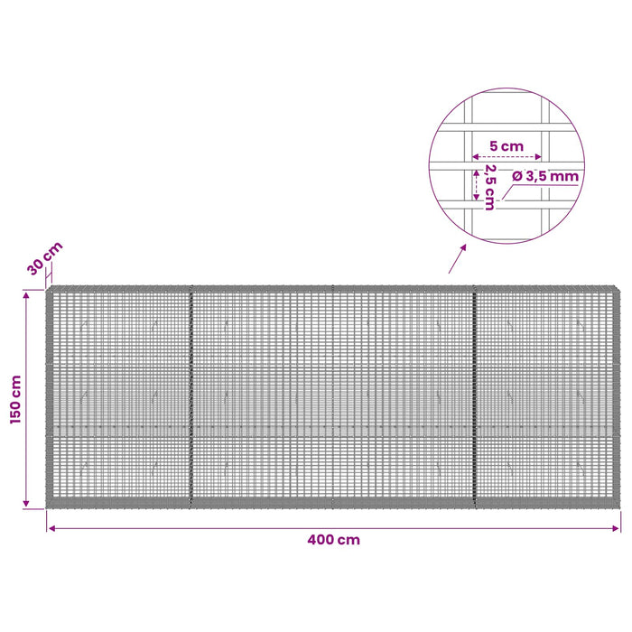 Gabion cu fir de 3,5 mm și plasă de 5x2,5 cm 400x30x150 cm - WALTI WALTI