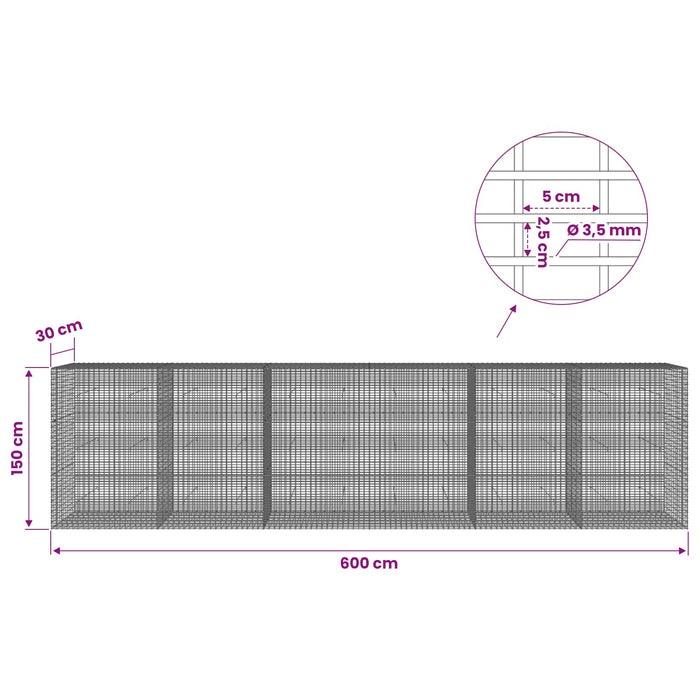 Gabion cu fir de 3,5 mm și plasă de 5x2,5 cm 600x30x150 cm WALTI