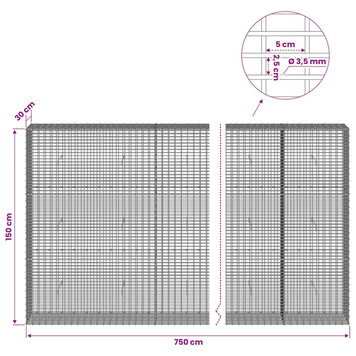 Gabion cu fir de 3,5 mm și plasă de 5x2,5 cm 750x30x150 cm WALTI