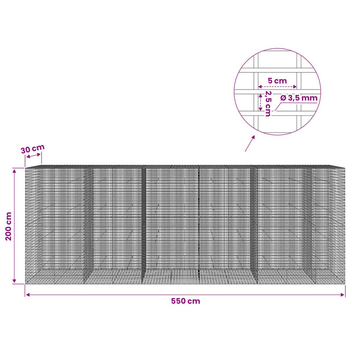 Gabion cu fir de 3,5 mm și plasă de 5x2,5 cm 550x30x200 cm WALTI