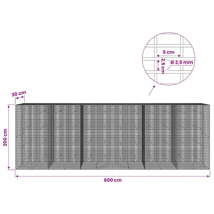 Gabion cu fir de 3,5 mm și plasă de 5x2,5 cm 600x30x200 cm - WALTI WALTI
