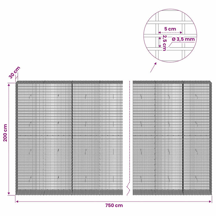 Gabion cu fir de 3,5 mm și plasă de 5x2,5 cm 750x30x200 cm WALTI