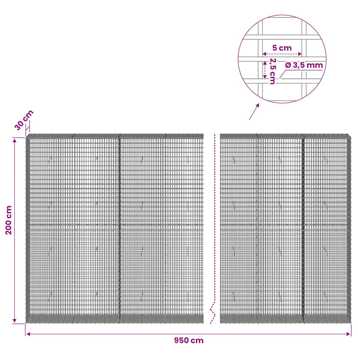 Gabion cu fir de 3,5 mm și plasă de 5x2,5 cm 950x30x200 cm WALTI