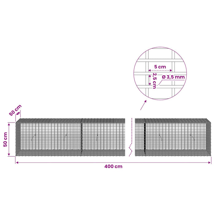Gabion cu fir de 3,5 mm și plasă de 5x2,5 cm 400x50x50 cm WALTI