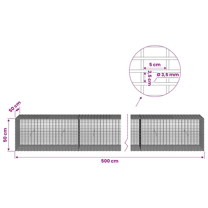 Gabion cu fir de 3,5 mm și plasă de 5x2,5 cm 500x50x50 cm WALTI