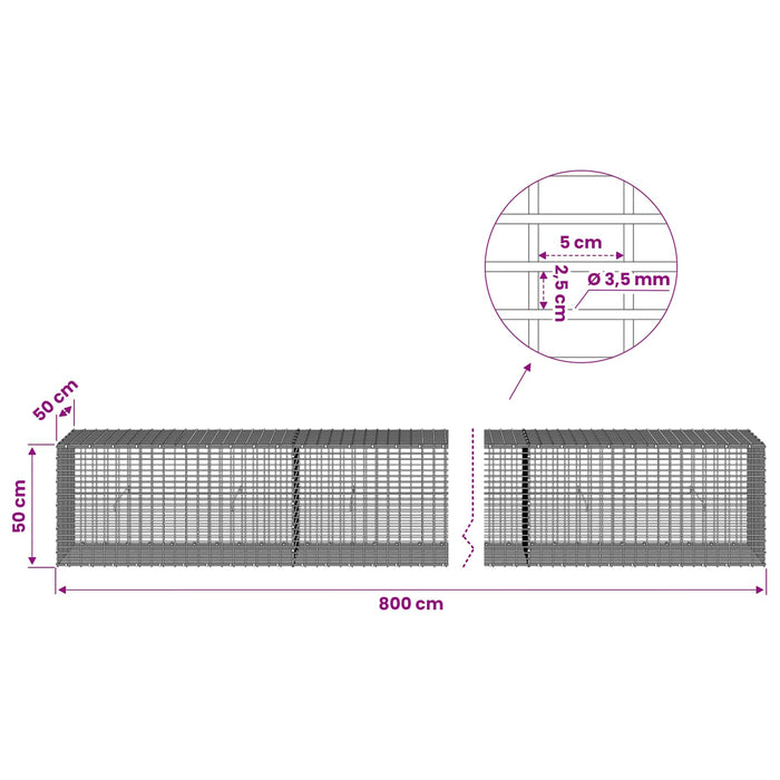 Gabion cu fir de 3,5 mm și plasă de 5x2,5 cm 800x50x50 cm WALTI