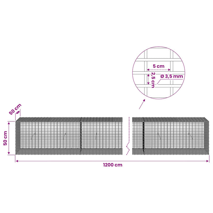 Gabion cu fir de 3,5 mm și plasă de 5x2,5 cm 1200x50x50 cm WALTI