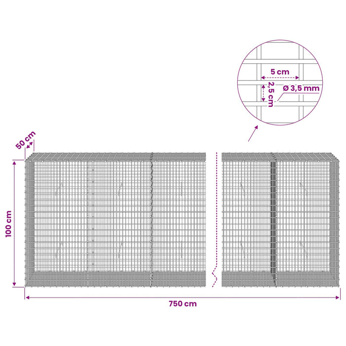 Gabion cu fir de 3,5 mm și plasă de 5x2,5 cm 750x50x100 cm WALTI