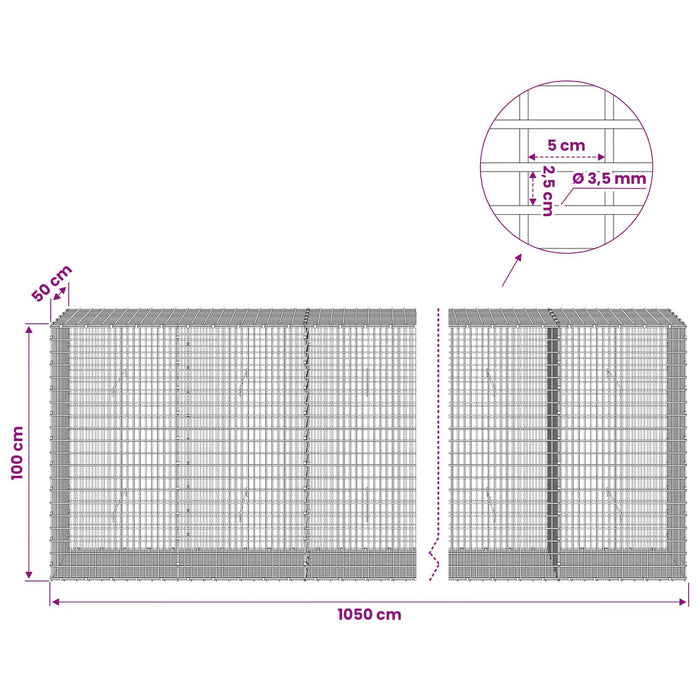 Gabion cu fir de 3,5 mm și plasă de 5x2,5 cm 1050x50x100 cm WALTI