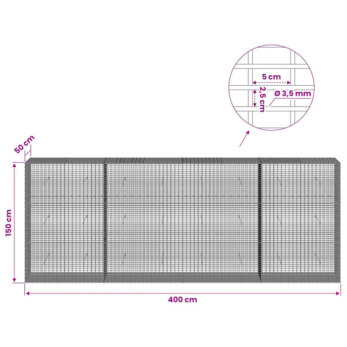 Gabion cu fir de 3,5 mm și plasă de 5x2,5 cm 400x50x150 cm WALTI