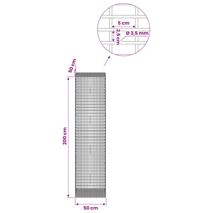 Gabion cu fir de 3,5 mm și plasă de 5x2,5 cm 50x50x200 cm WALTI