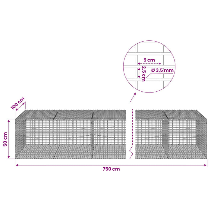 Gabion cu fir de 3,5 mm și plasă de 5x2,5 cm 750x100x50 cm WALTI