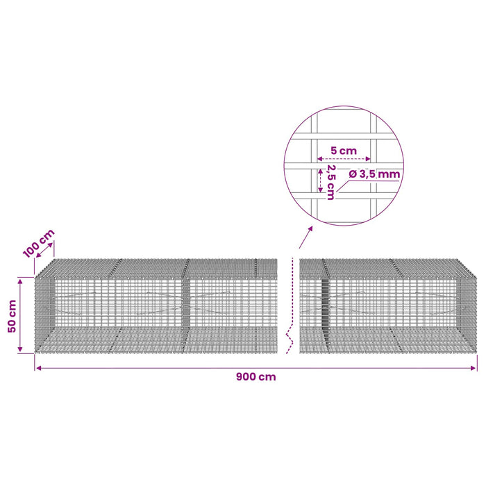 Gabion cu fir de 3,5 mm și plasă de 5x2,5 cm 900x100x50 cm WALTI