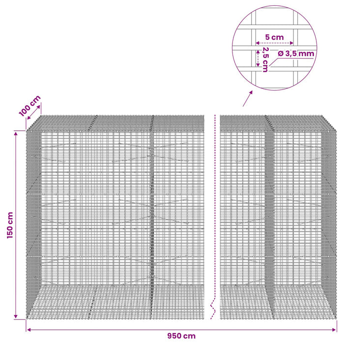 Gabion cu fir de 3,5 mm și plasă de 5x2,5 cm 950x100x150 cm WALTI