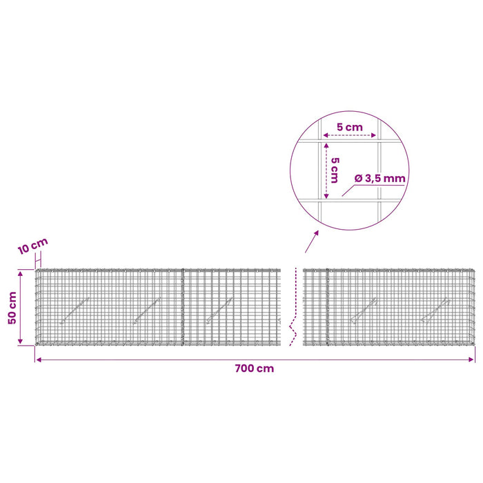 Gabion cu sârmă de 3,5 mm și plasă de 5x5 cm 700x10x50 cm WALTI