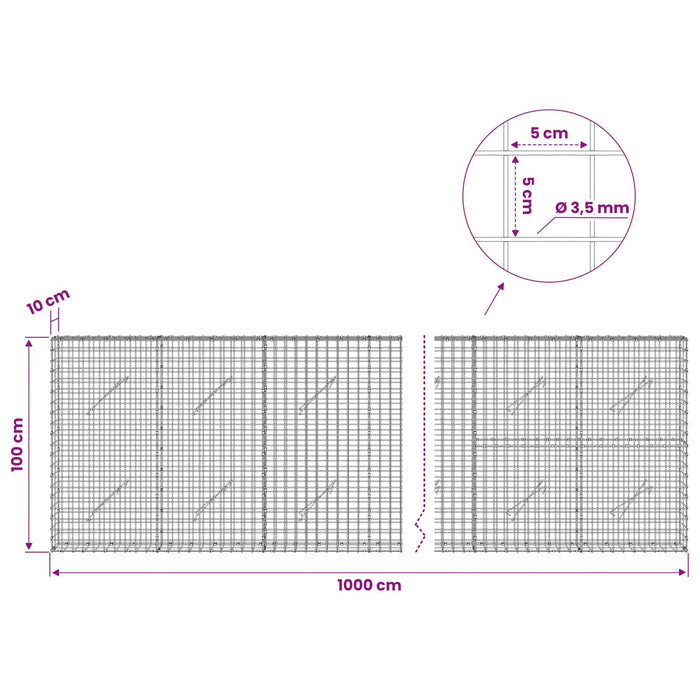 Gabion cu sârmă de 3,5 mm și plasă de 5x5 cm 1000x10x100 cm WALTI