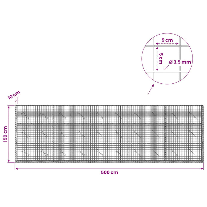 Gabion cu sârmă de 3,5 mm și plasă de 5x5 cm 500x10x150 cm WALTI