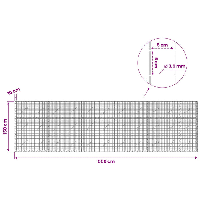 Gabion cu sârmă de 3,5 mm și plasă de 5x5 cm 550x10x150 cm WALTI