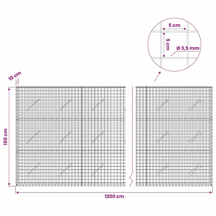 Gabion cu sârmă de 3,5 mm și plasă de 5x5 cm 1200x10x150 cm WALTI