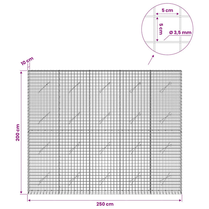 Gabion cu sârmă de 3,5 mm și plasă de 5x5 cm 250x10x200 cm WALTI