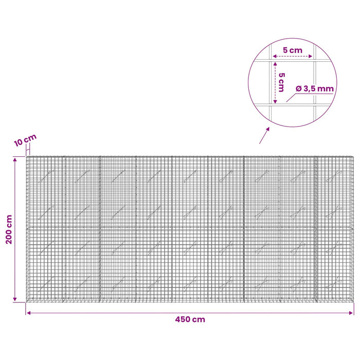 Gabion cu sârmă de 3,5 mm și plasă de 5x5 cm 450x10x200 cm WALTI