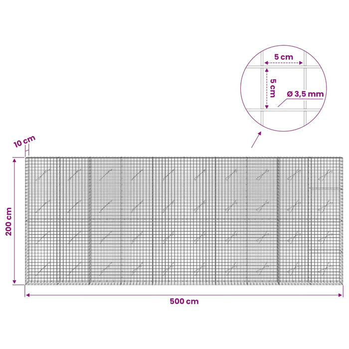 Gabion cu sârmă de 3,5 mm și plasă de 5x5 cm 500x10x200 cm WALTI