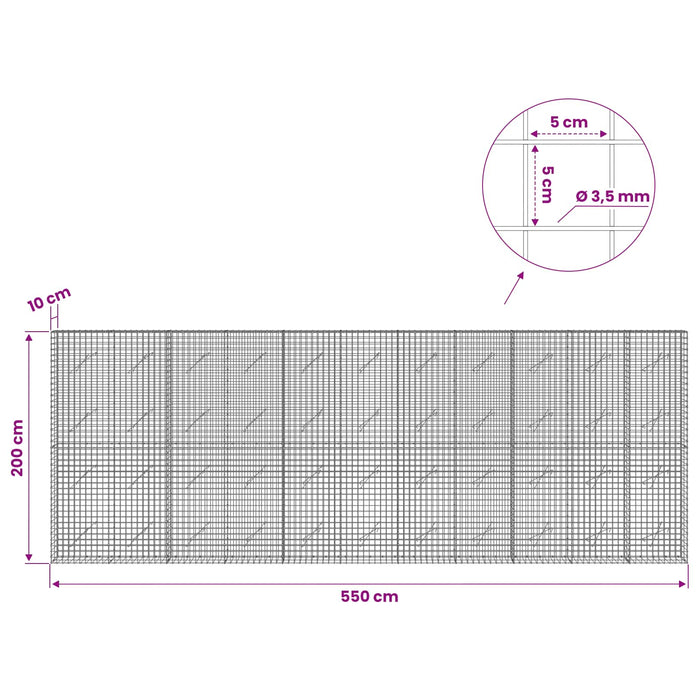 Gabion cu sârmă de 3,5 mm și plasă de 5x5 cm 550x10x200 cm WALTI
