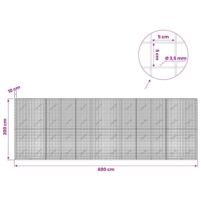 Gabion cu sârmă de 3,5 mm și plasă de 5x5 cm 600x10x200 cm WALTI