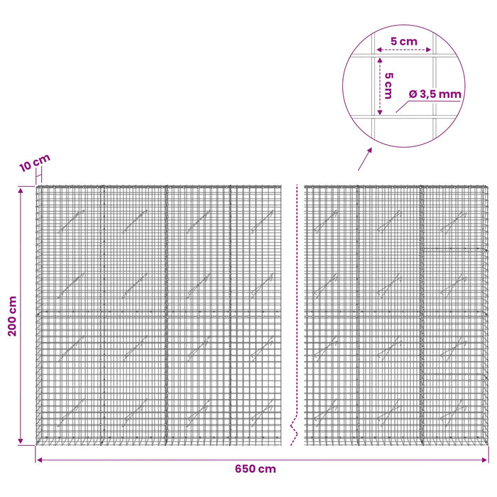 Gabion cu sârmă de 3,5 mm și plasă de 5x5 cm 650x10x200 cm WALTI